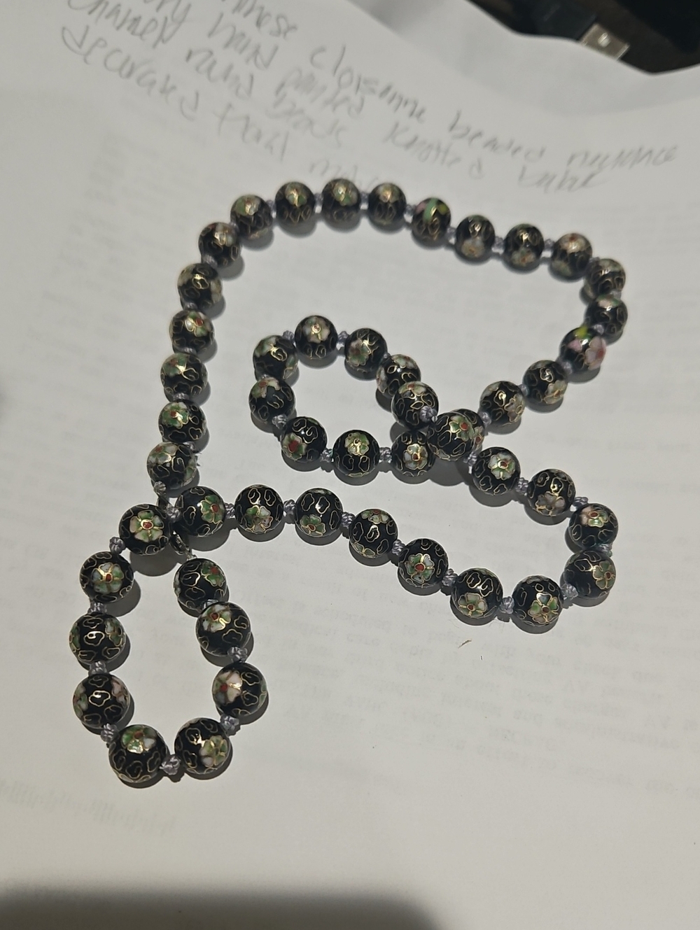 Vintage Black Floral Cloisonné Beaded Necklace -